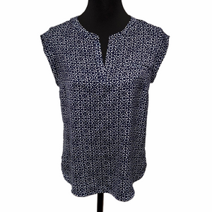 Dalia Collection Navy Abstract Print Split Neck Blouse Small | Sleeveless Top